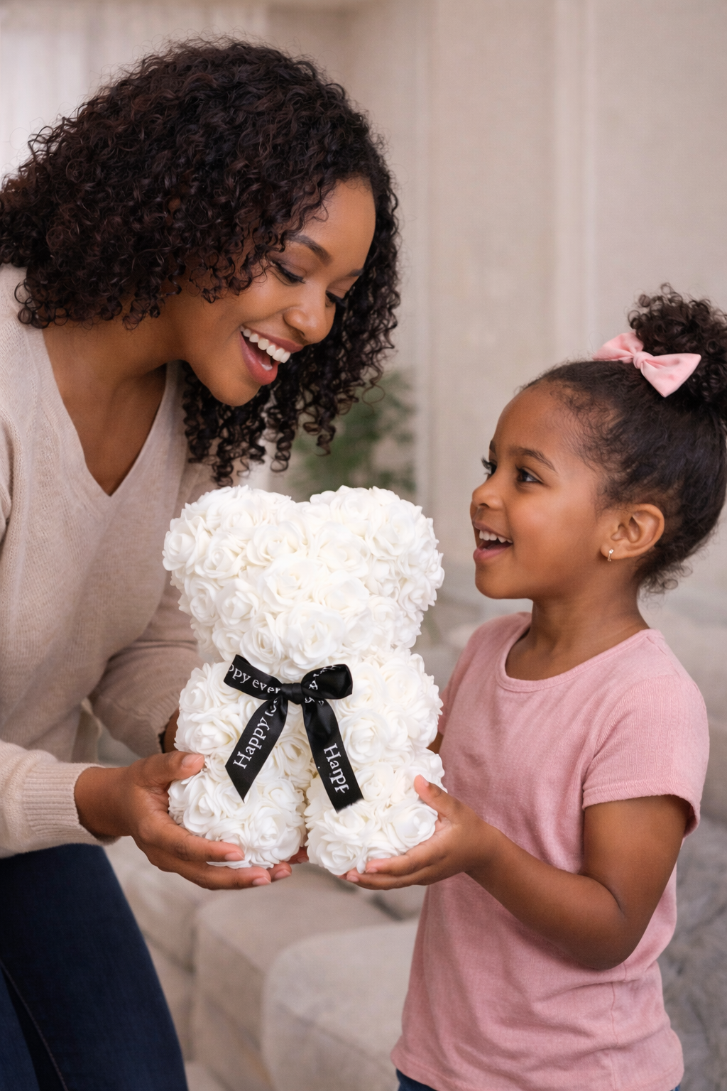 Woman and young girl holding a white teddy bear with a black ribbon