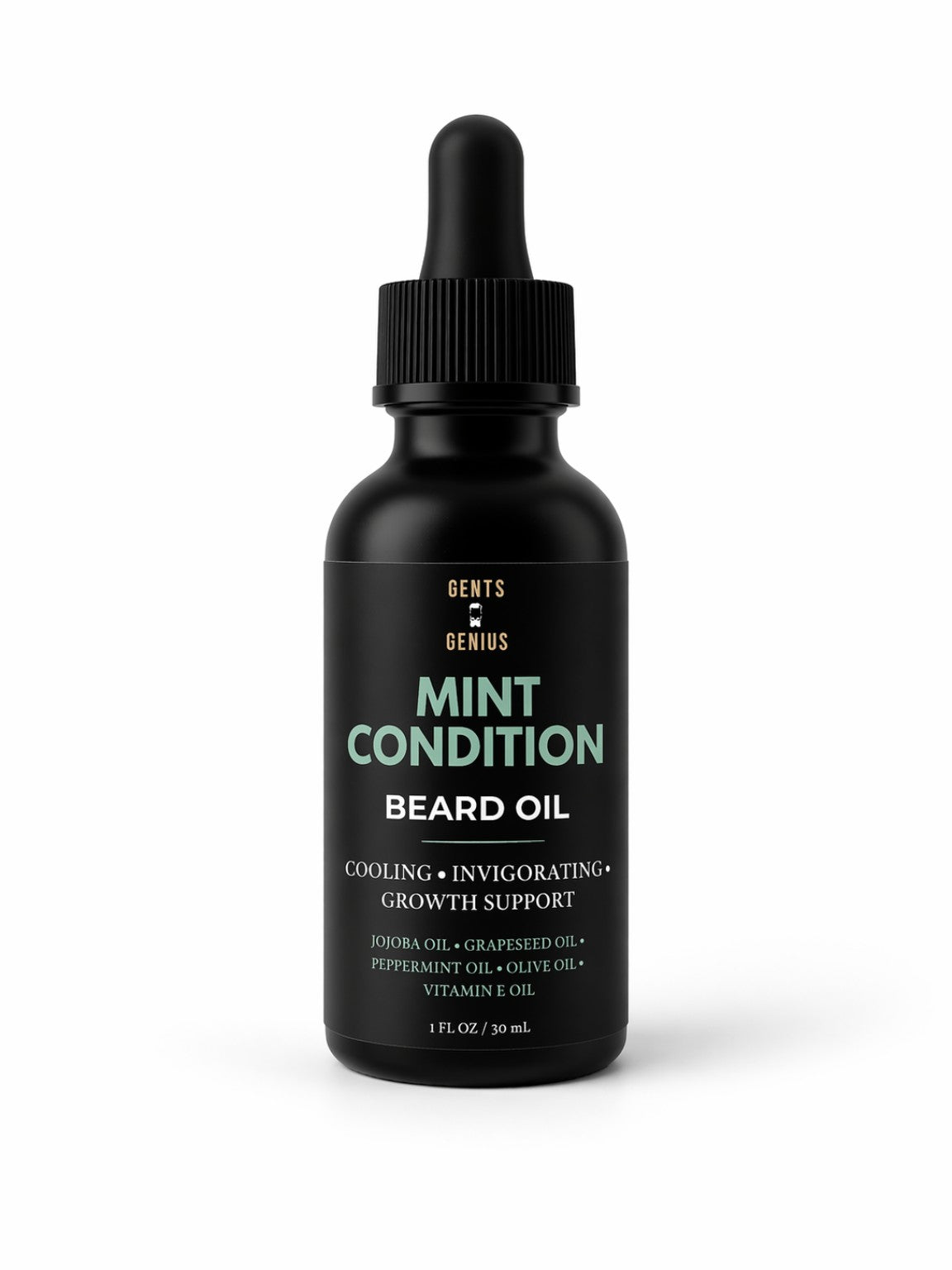 Black bottle of 'Mint Condition' beard oil with dropper on a white background