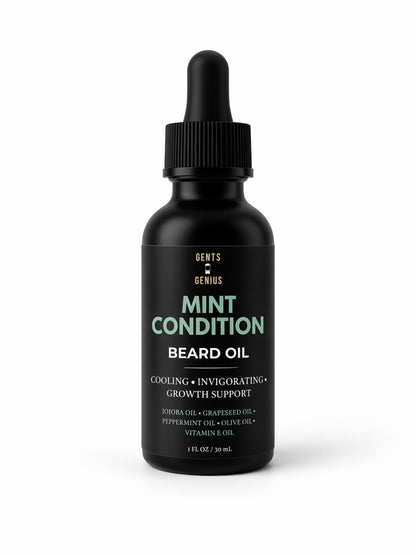 Black bottle of 'Mint Condition' beard oil with dropper on a white background