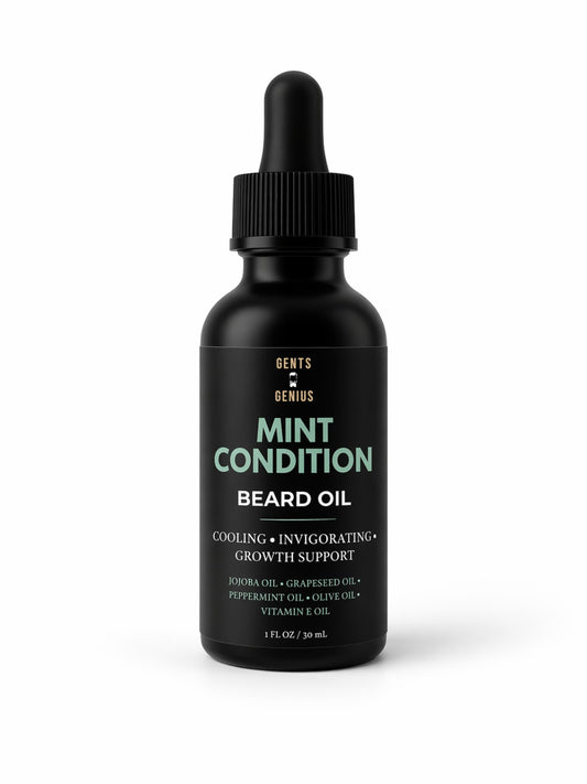 Black bottle of 'Mint Condition' beard oil with dropper on a white background