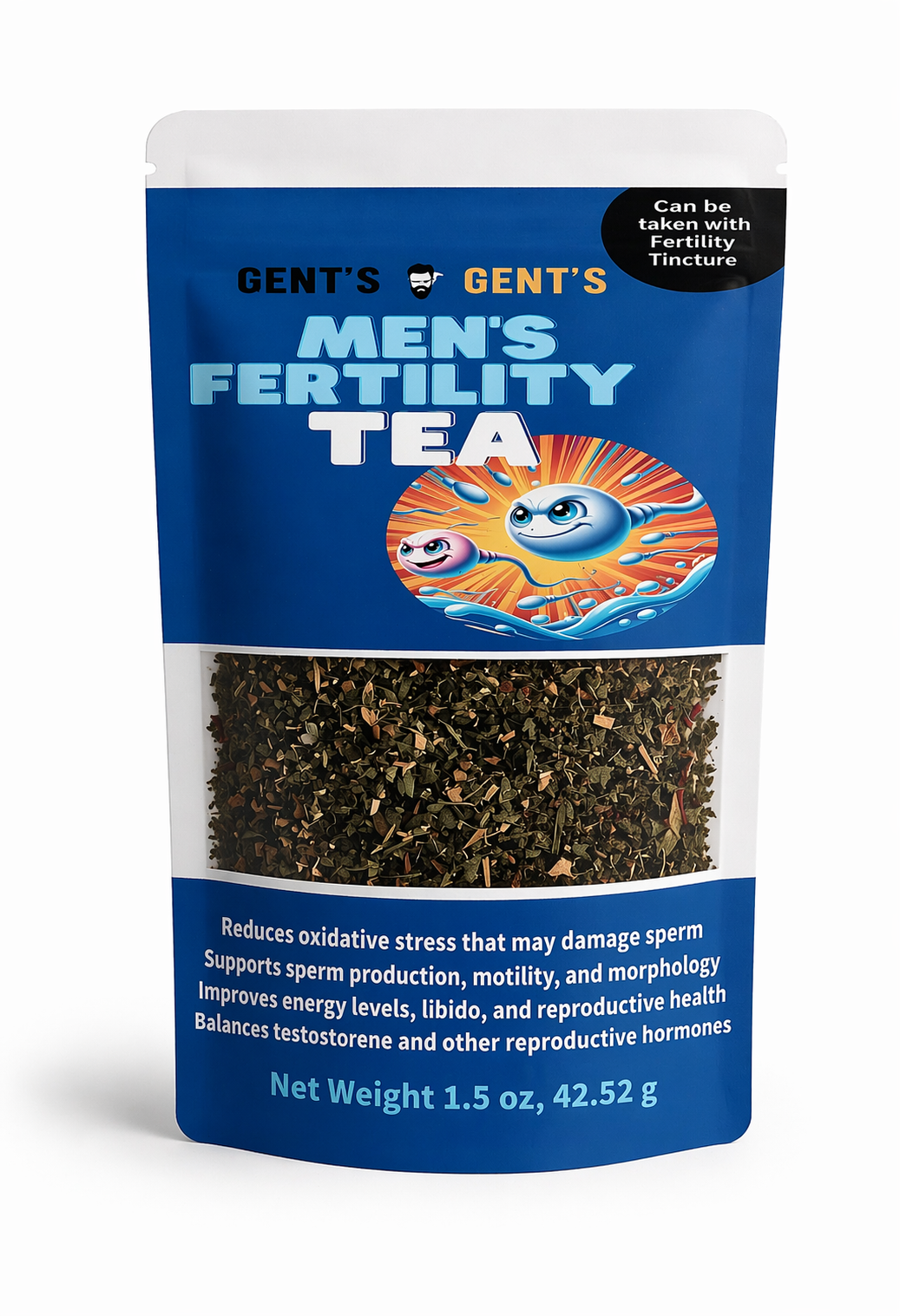 Package of Gent's Men's Fertility Tea with blue label and tea leaves visible.