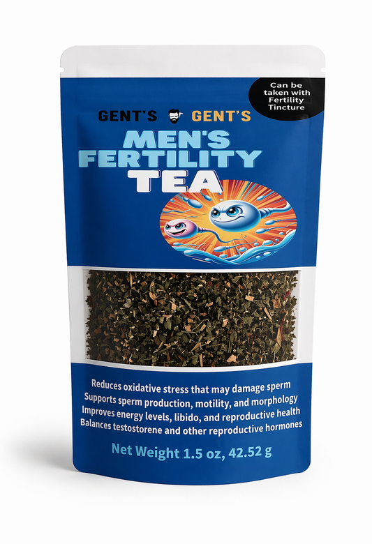 Package of Gent's Men's Fertility Tea with blue label and tea leaves visible.