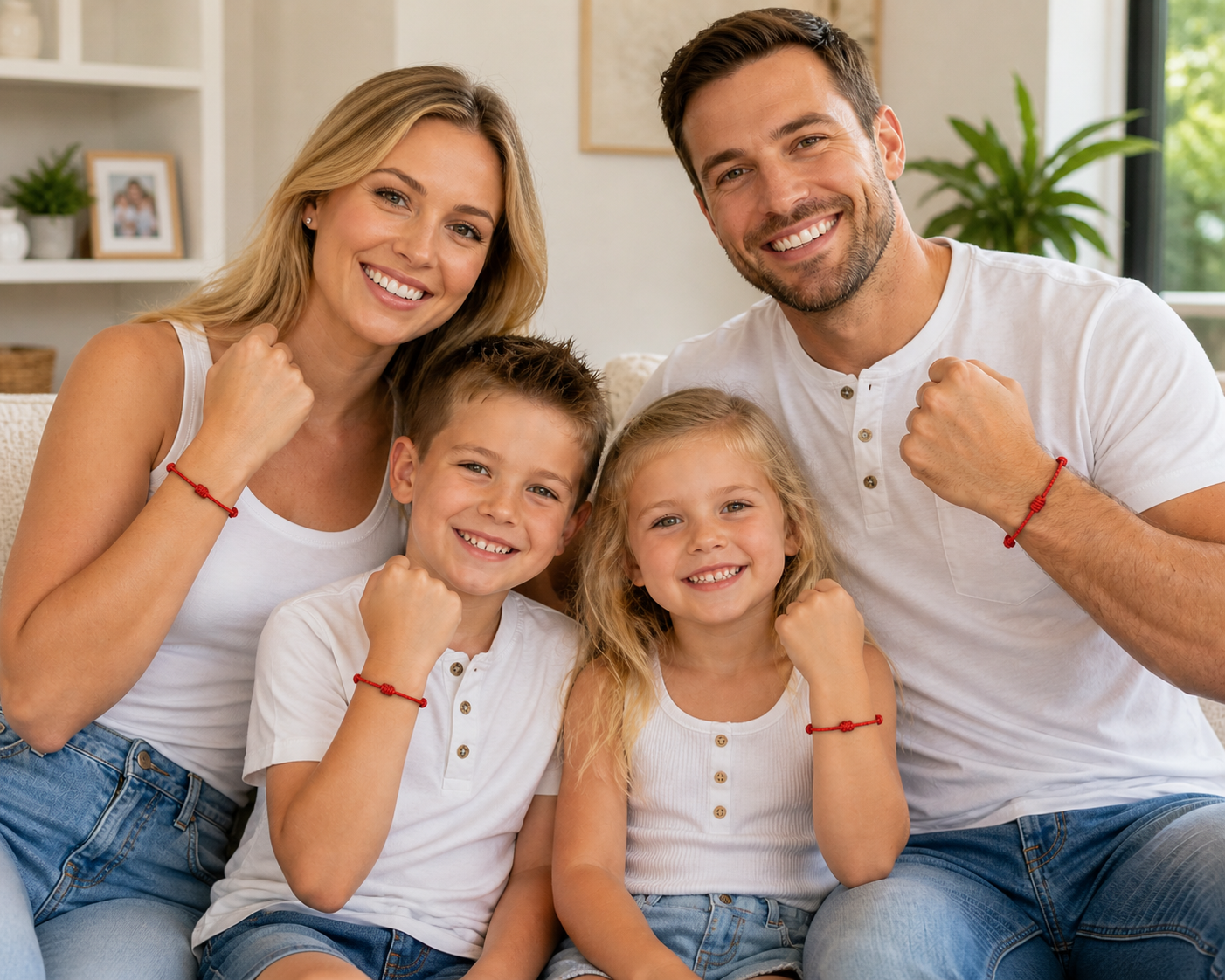 Family of four posing together in a living room with 7 knot bracelet. 