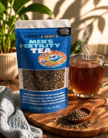 Gent's Men's Fertility Tea package with a glass of tea on a wooden surface.
