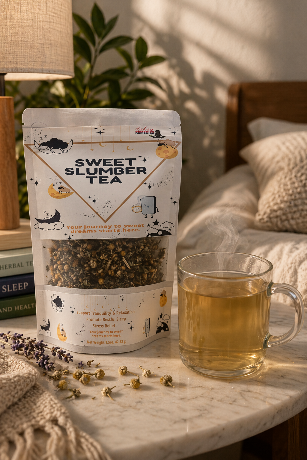 Sweet Slumber Tea package with a cup of tea on a marble surface, with a cozy room background.