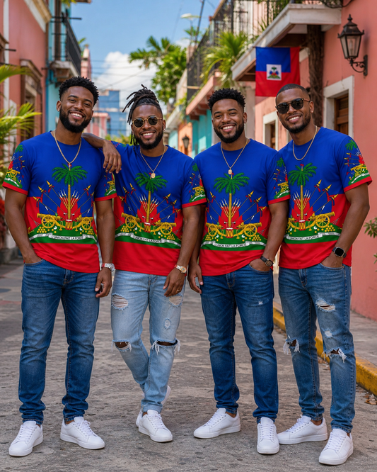 Group of Haitian men wearing matching blue and red Haitian flag graphic T-shirts, blue jeans, and white sneakers while standing together on a colorful Caribbean-style street.