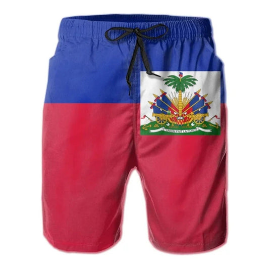 Blue & Red 3D Print Men's Haiti Flag on Side Shorts